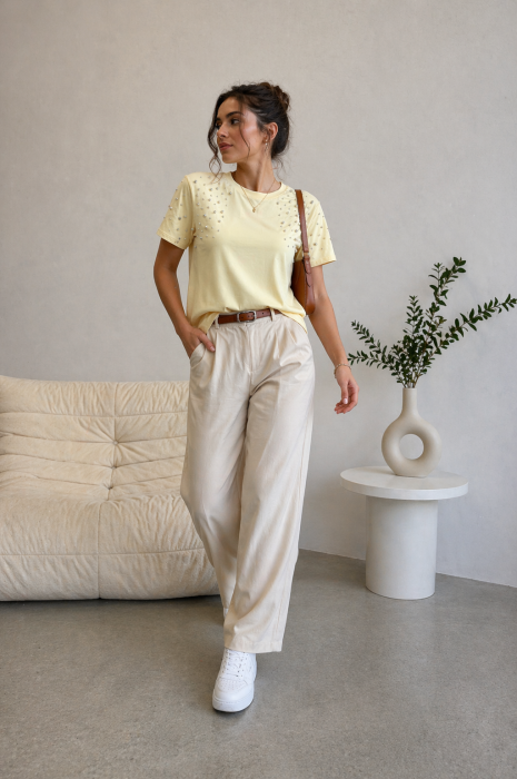 Tricou dama galben cu aplicatii perlute [4]
