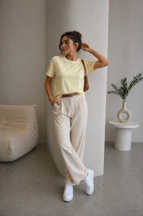 Tricou dama galben cu aplicatii perlute [3]