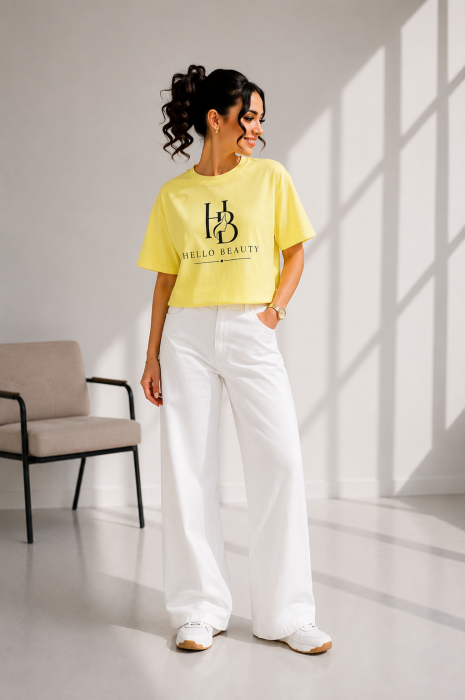Tricou dama galben cu imprimeu HELLO BEAUTY [2]