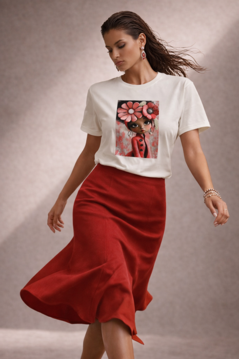 Tricou dama ivory din bumbac cu imprimeu fata cu cercei [4]