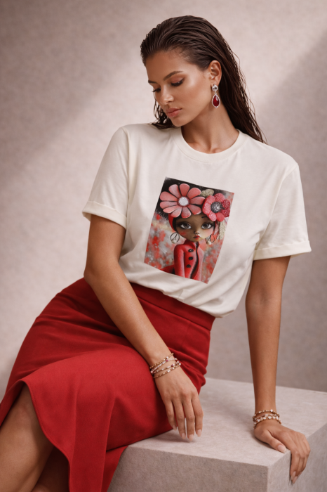 Tricou dama ivory din bumbac cu imprimeu fata cu cercei [2]