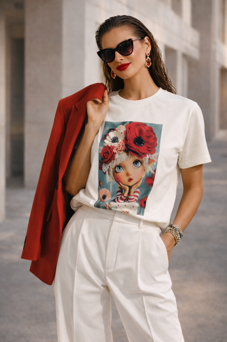 Tricou dama ivory din bumbac cu imprimeu fata cu coronita de flori [2]