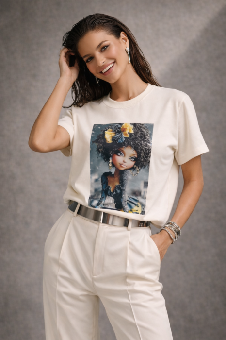 Tricou dama ivory din bumbac cu imprimeu fata cu par cret [2]