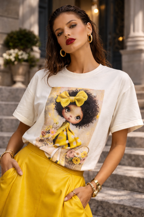 Tricou dama ivory din bumbac cu imprimeu fetita cu rochita galbena [3]
