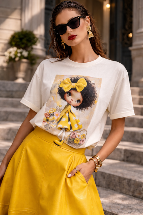 Tricou dama ivory din bumbac cu imprimeu fetita cu rochita galbena [4]
