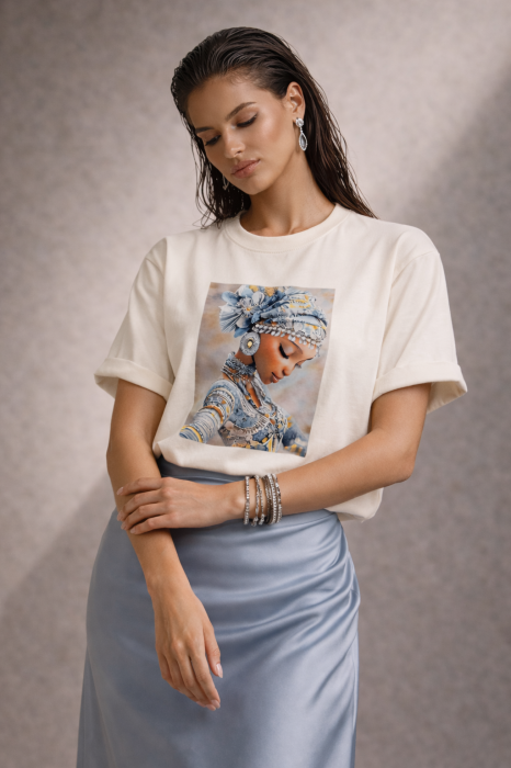 Tricou dama ivory din bumbac cu print artistic albastru [2]