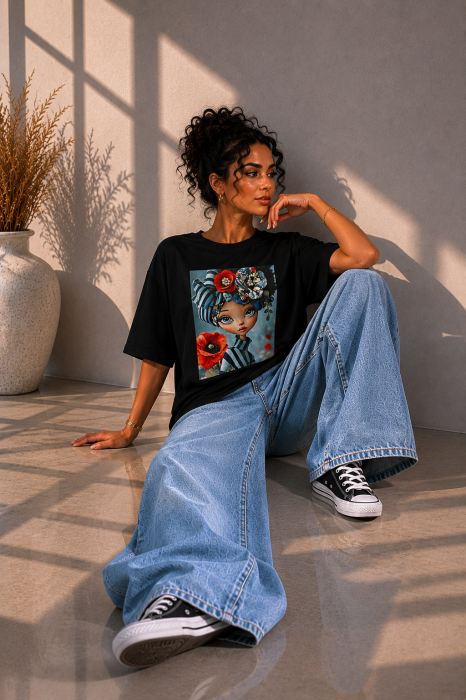 Tricou dama negru cu imprimeu fata intre maci [2]