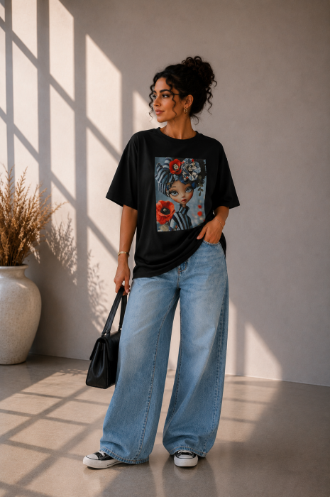 Tricou dama negru cu imprimeu fata intre maci [4]