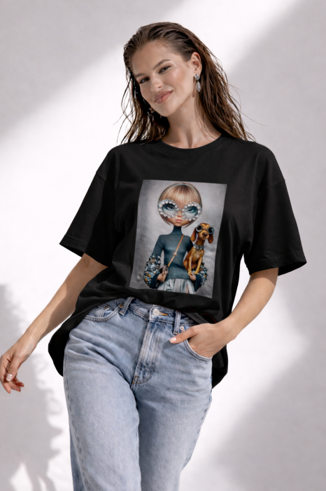 Tricou dama negru cu imprimeu fata si catel cu ochelari [3]