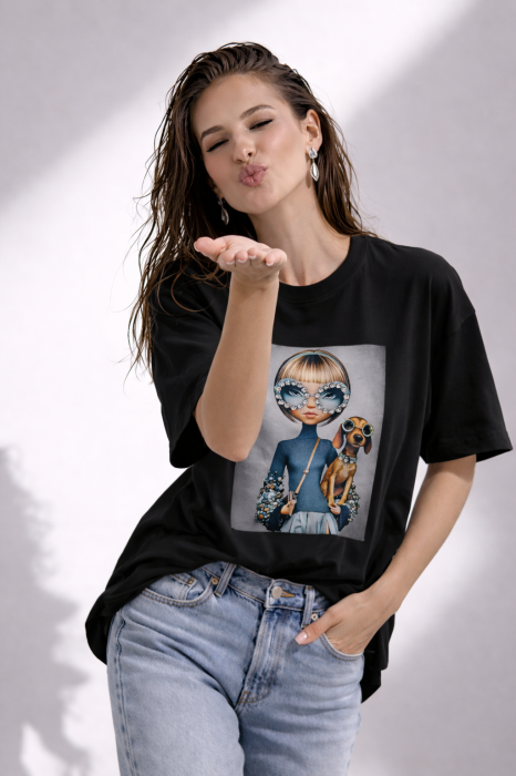 Tricou dama negru cu imprimeu fata si catel cu ochelari [2]