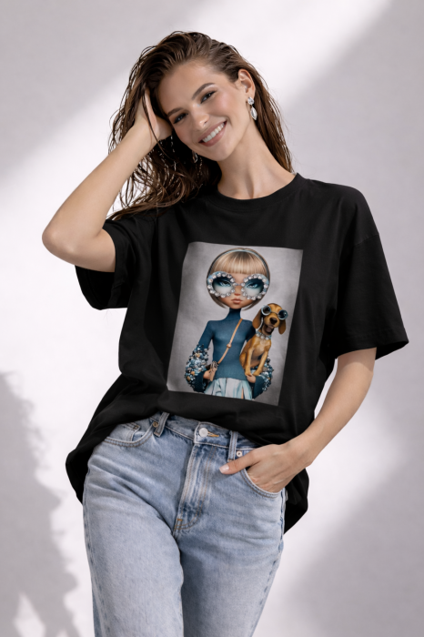 Tricou dama negru cu imprimeu fata si catel cu ochelari [4]