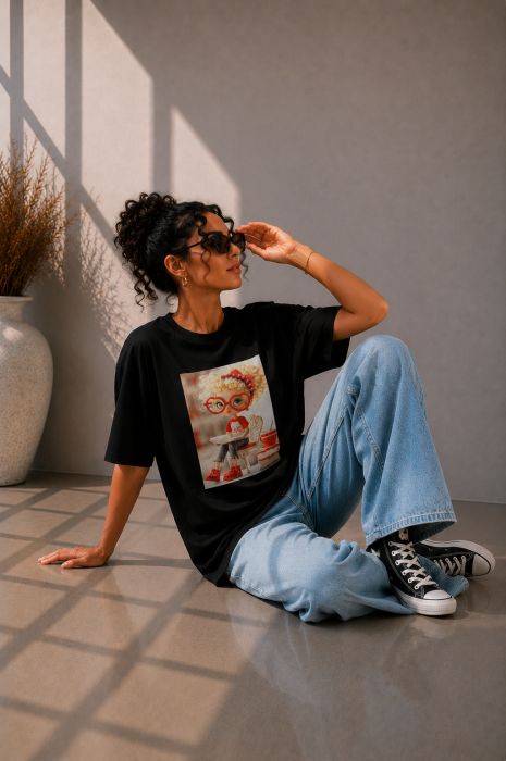 Tricou dama negru cu imprimeu fetita cu carte in mana [3]