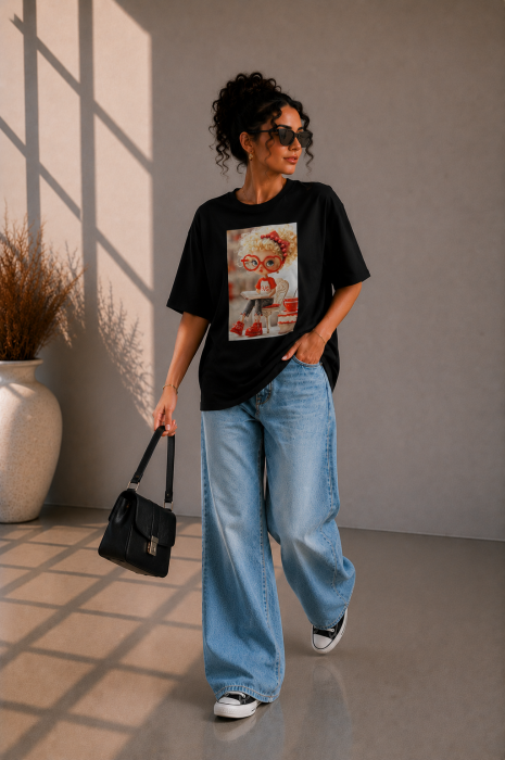 Tricou dama negru cu imprimeu fetita cu carte in mana [2]