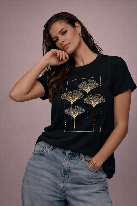 Tricou dama negru cu imprimeu flori minimaliste in chenar [2]
