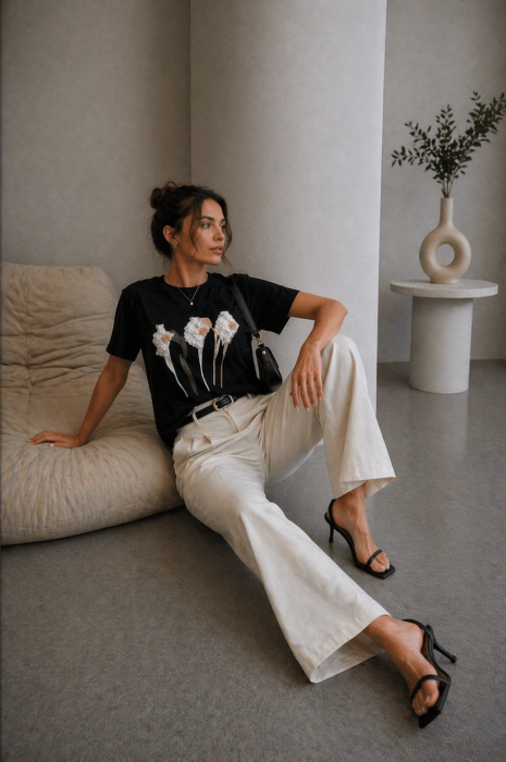 Tricou dama negru cu imprimeu lalele 3D [4]