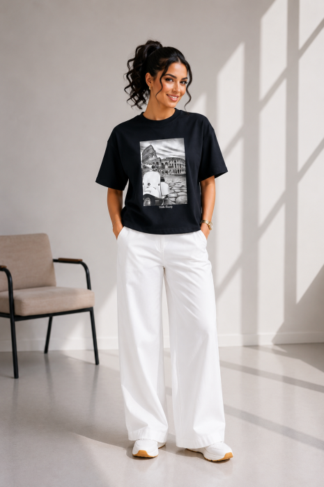 Tricou dama negru cu imprimeu motocicleta alba [2]