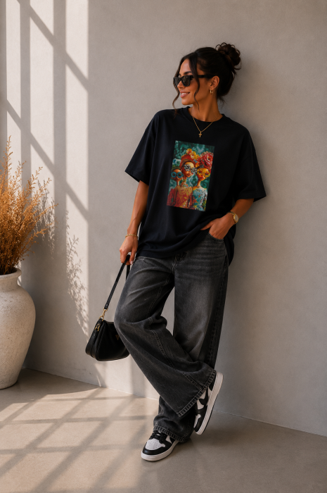 Tricou dama negru din bumbac cu imprimeu 3 fete cu turban [2]