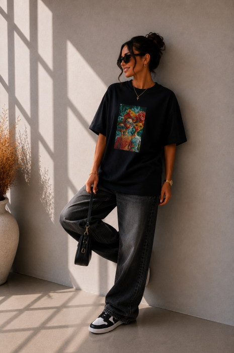 Tricou dama negru din bumbac cu imprimeu 3 fete cu turban [3]