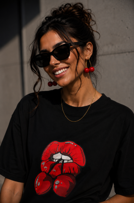Tricou dama negru din bumbac cu imprimeu artistic rosu [3]