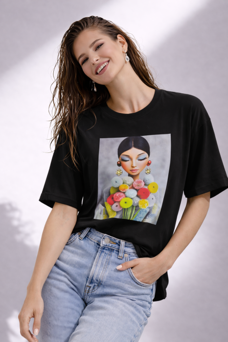 Tricou dama negru din bumbac cu imprimeu fata cu buchet multicolor [3]