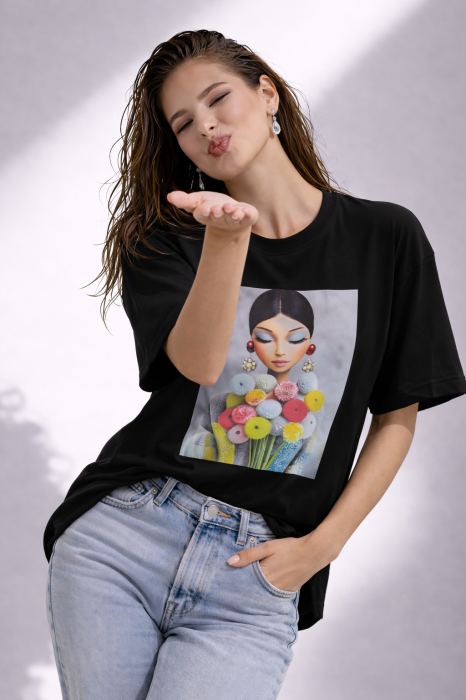Tricou dama negru din bumbac cu imprimeu fata cu buchet multicolor [2]
