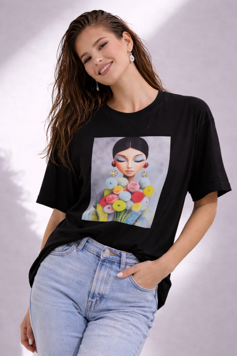 Tricou dama negru din bumbac cu imprimeu fata cu buchet multicolor [4]
