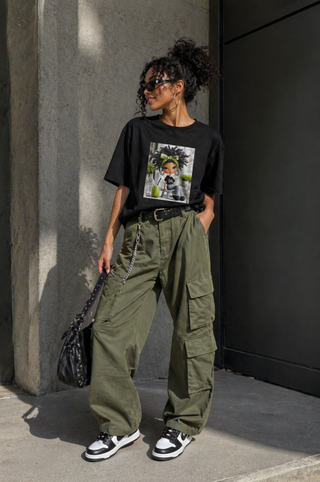 Tricou dama negru din bumbac cu imprimeu fetita cu milkshake [3]