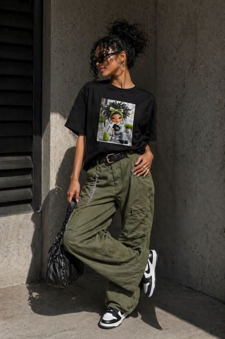 Tricou dama negru din bumbac cu imprimeu fetita cu milkshake [2]