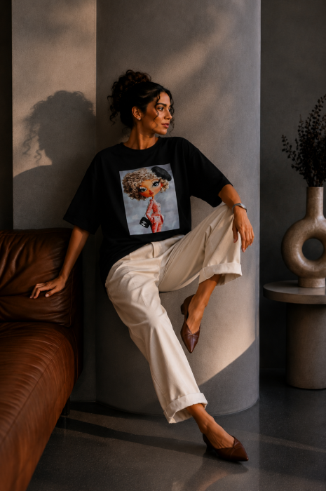 Tricou dama negru din bumbac cu imprimeu fetita cu pietricele pe gene [4]