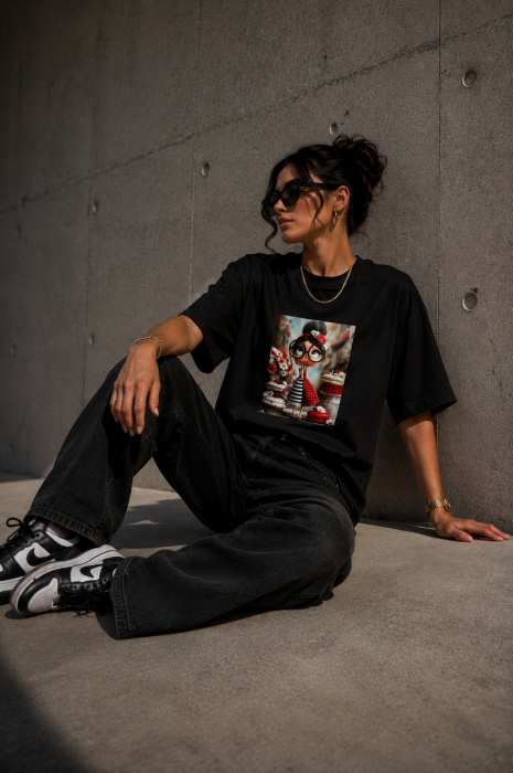 Tricou dama negru din bumbac cu imprimeu fetita cu rochie cu tesaturi mixte [3]