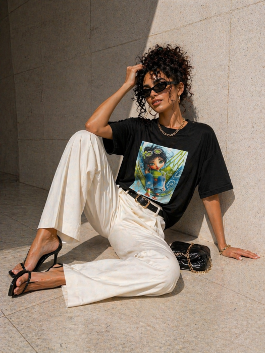 Tricou dama negru din bumbac cu imprimeu fetita in hamac [4]