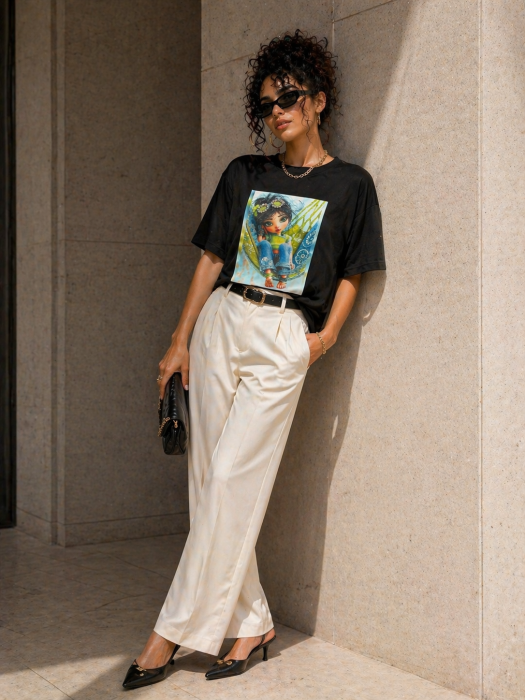 Tricou dama negru din bumbac cu imprimeu fetita in hamac [2]