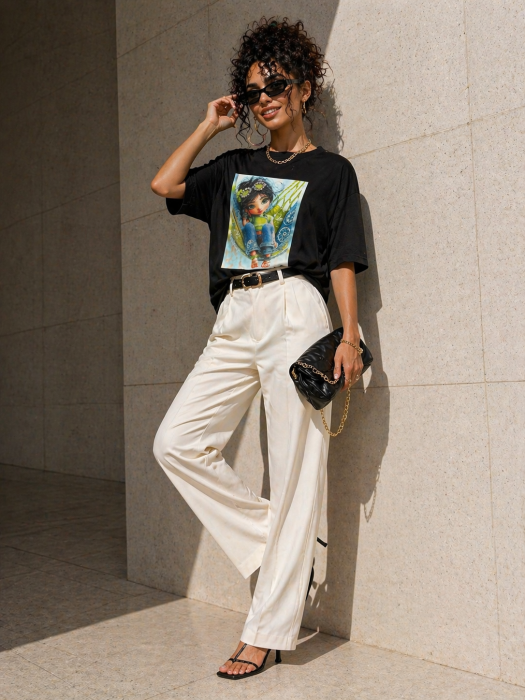 Tricou dama negru din bumbac cu imprimeu fetita in hamac [3]