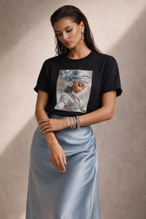Tricou dama negru din bumbac cu print artistic albastru [3]