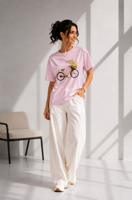 Tricou dama roz cu imprimeu bicicleta galbena [2]