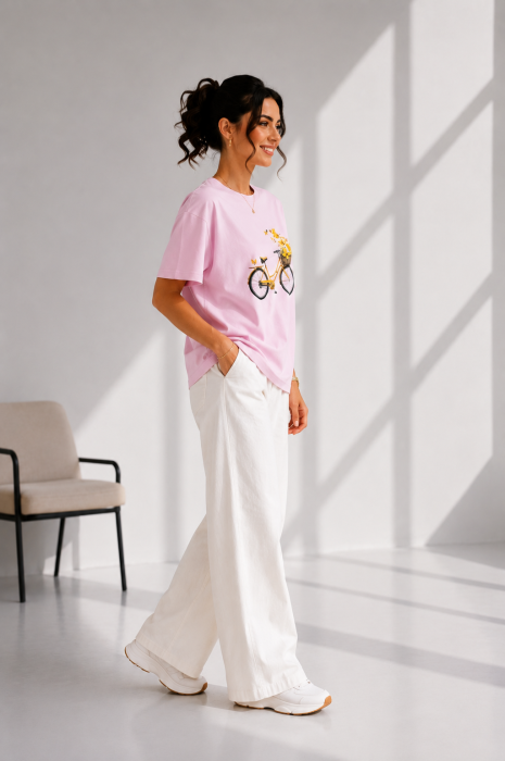 Tricou dama roz cu imprimeu bicicleta galbena [3]