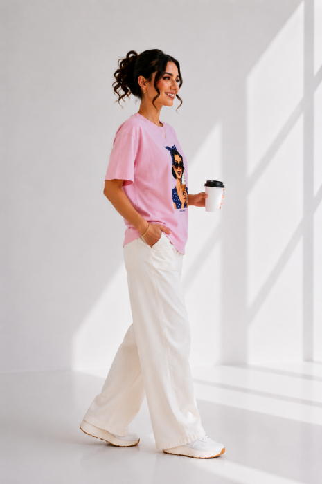 Tricou dama roz cu imprimeu fata imbracata in blomaren si inghetata in mana [3]