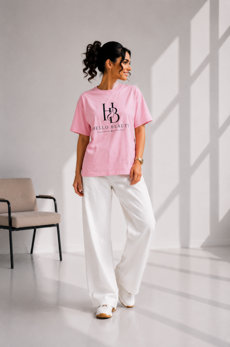 Tricou dama roz cu imprimeu HELLO BEAUTY [3]