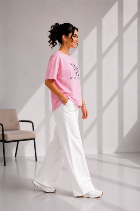 Tricou dama roz cu imprimeu HELLO BEAUTY [2]