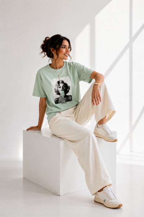 Tricou dama verde deschis  cu imprimeu fata cu inghetata verde [2]