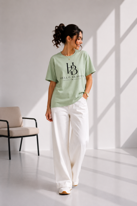 Tricou dama verde deschis cu imprimeu HELLO BEAUTY [2]