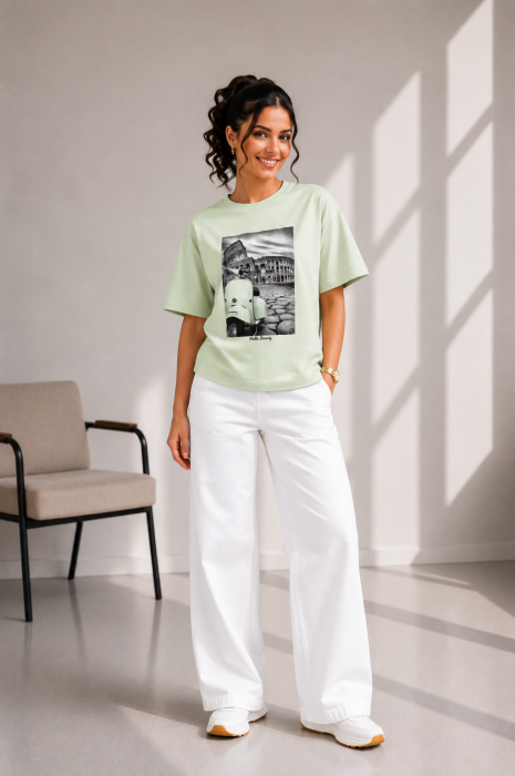 Tricou dama verde deschis imprimeu motocicleta verde [2]