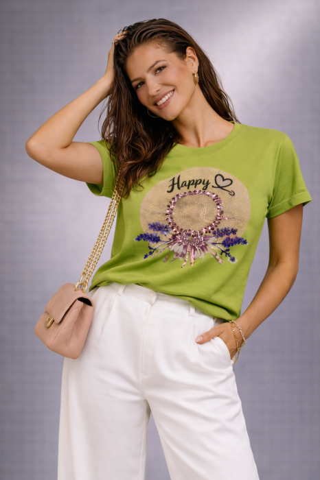 Tricou dama verde din bumbac cu lavanda si pietricele aplicate [3]