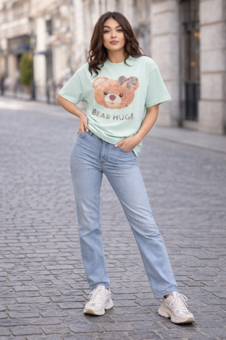 Tricou dama verde menta din bumbac cu ursulet cu fundita [4]