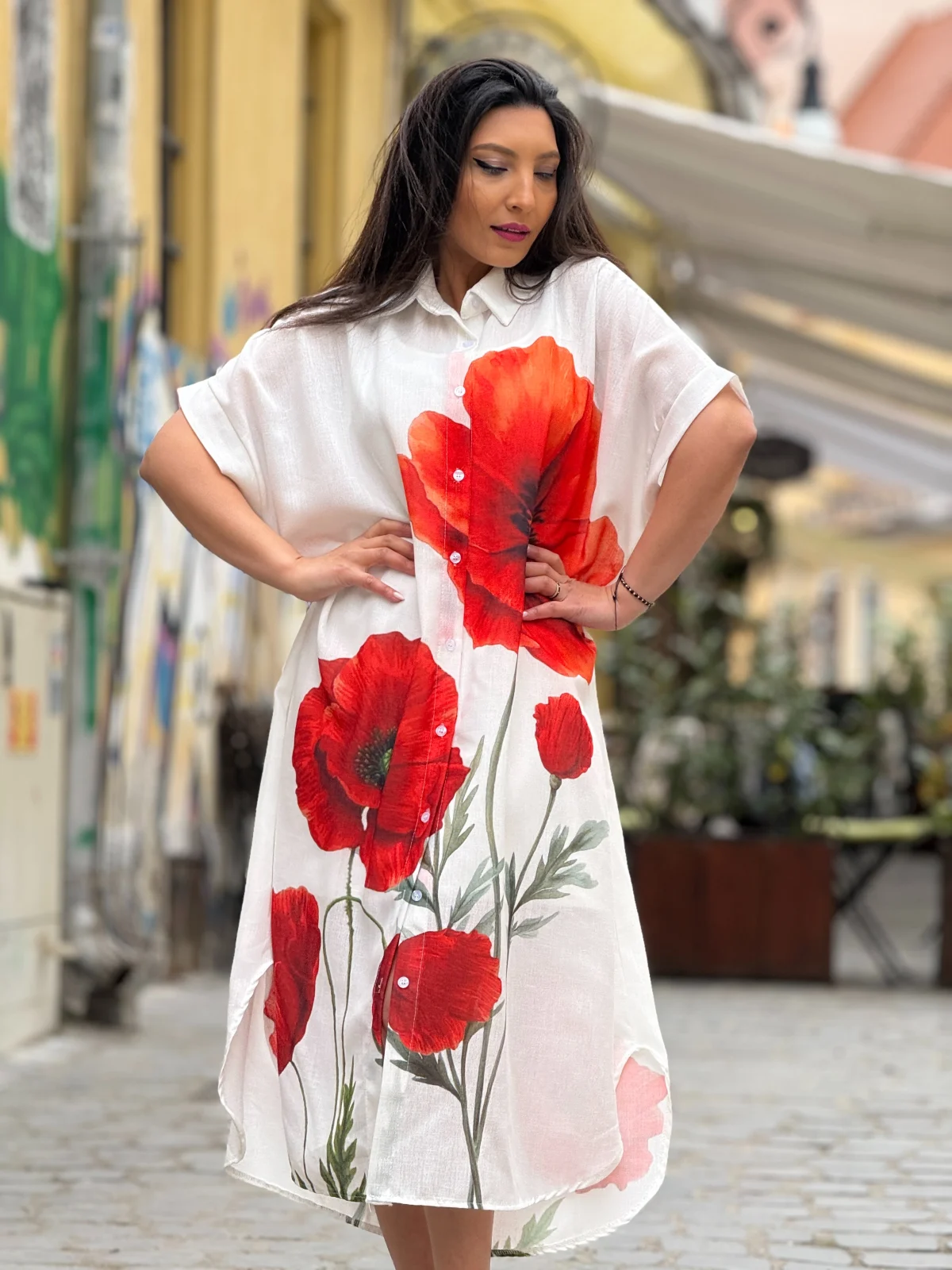 Tunica dama alba din in cu imprimeu maci [3]