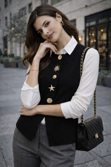 Vesta dama neagra cu nasturi decorativi [2]