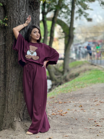 Pantaloni dama bordo cu snur si elastic in talie [2]