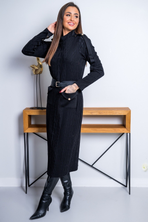 Colectia de TOAMNA - Rochie neagra lunga cu maneci si curea in talie