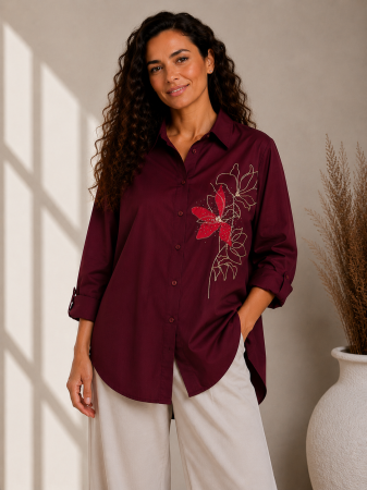 Colectia NOUA - Camasa dama bordo cu broderie floare