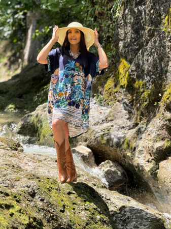 Imbracaminte dama - Haine cu suflet - Rochie bleumarin scurta din vascoza imprimeu oras